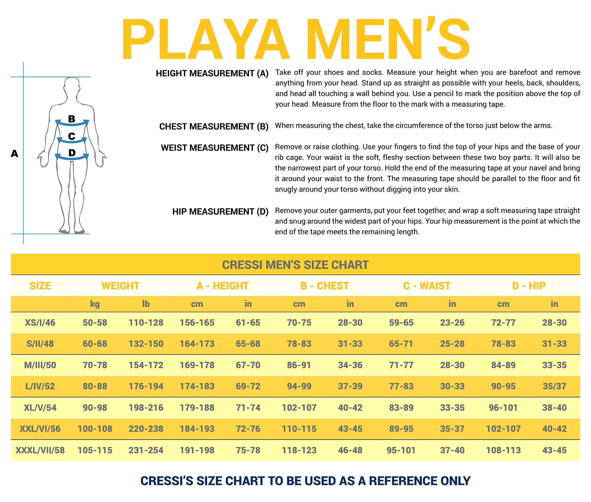 Playa Man Size Chart